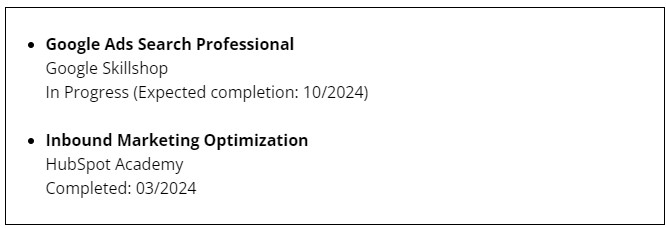Certifications part in a CV