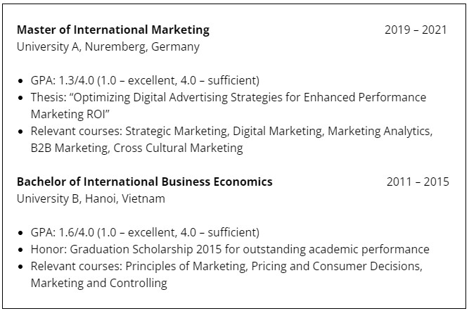 Education part in a CV - detailed