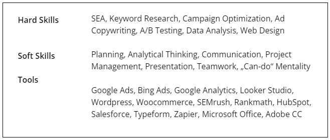 Skills part for a marketing CV