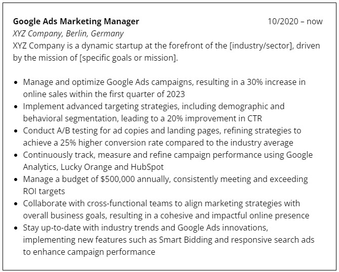 Work experience in a Google Ads Marketing CV ver 1