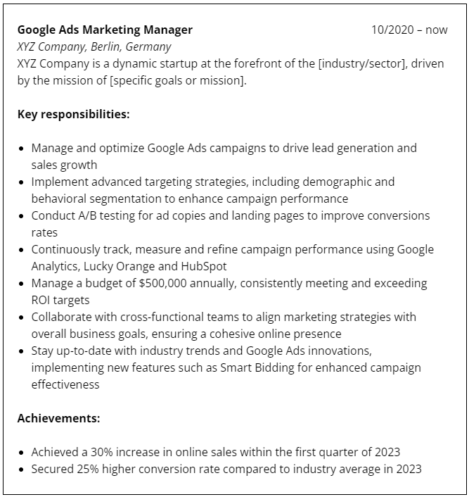 Work experience in a Google Ads Marketing CV ver 2